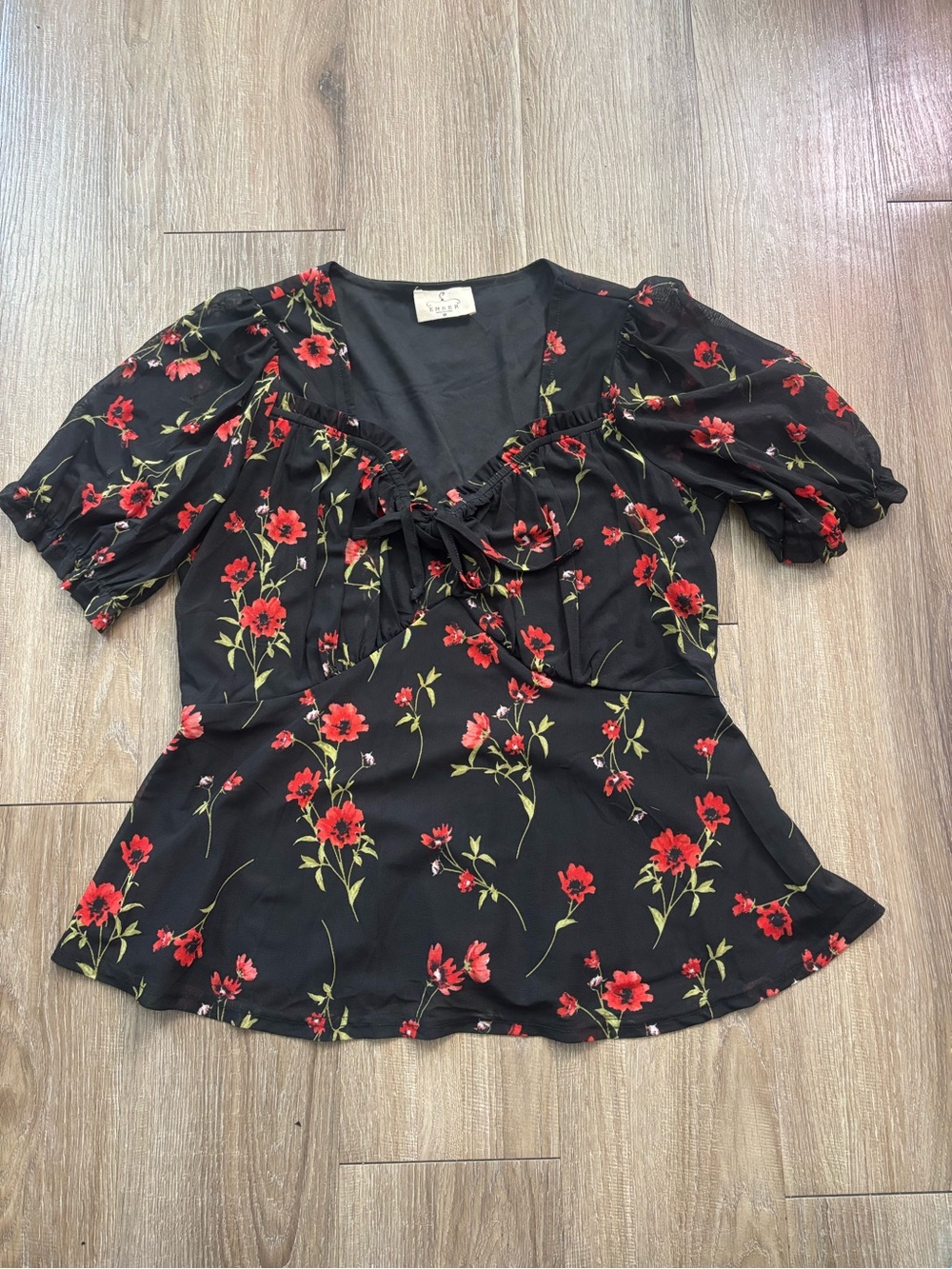 Ember Black Floral Tie-Front Puff Sleeve Blouse - Red Floral